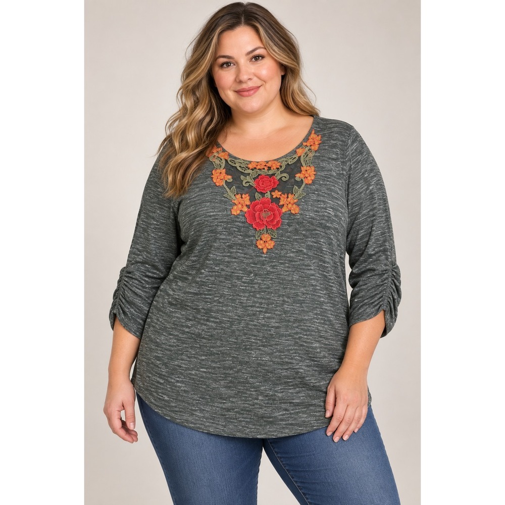 Absolutely Famous Women's 2X Green Marled Floral Embroidered Crisscross Back Top